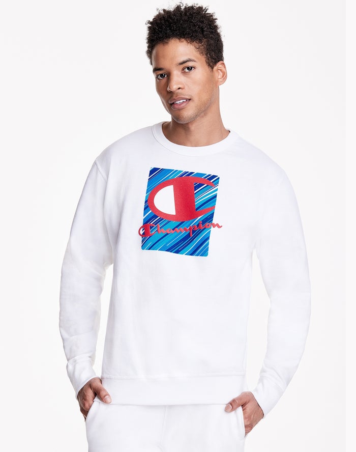 Champion Powerblend Fleece Crew Inset Rectangle Logo  Erkek Sweatshirt Beyaz ( JMQPOE749 )